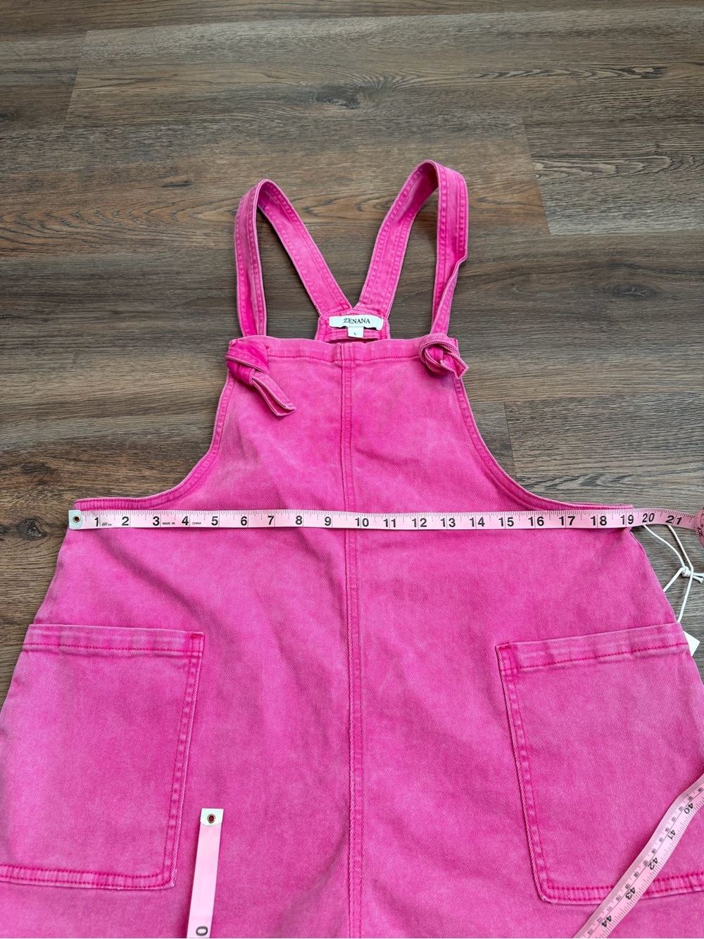 NWT Zenana Hot Pink Denim Overall Shorts Mineral Wash Knotted Straps Size Large - Picture 9 of 10